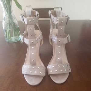 Silver-studded tan sandal heels
